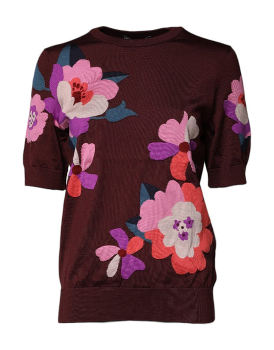 Dolce & Gabbana Maroon Floral Silk Crew Neck Blouse Top - Sandy Store ByNet
