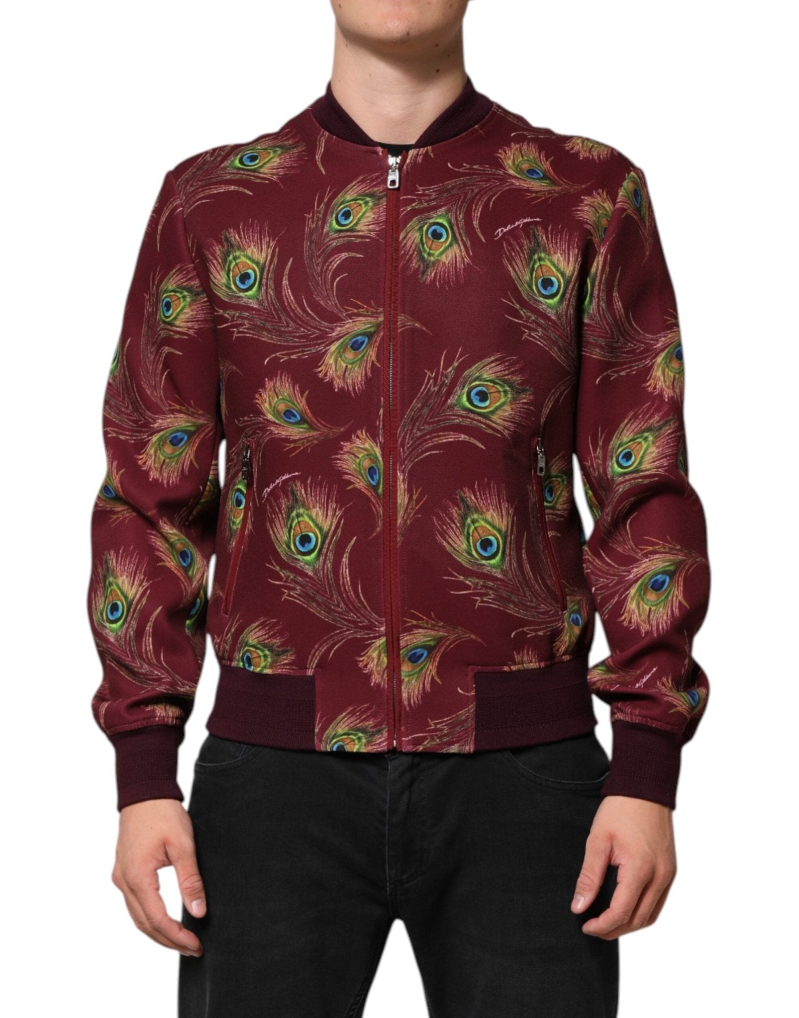 Dolce & Gabbana Maroon Peacock Feather Print Bomber Jacket – IT48 | M par Dolce & Gabbana | Disponible sur Sandy Store ByNet