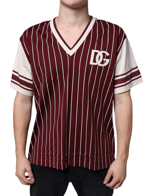 Dolce & Gabbana Maroon Stripes Cotton Logo V - neck T-shirt – IT50 | L par Dolce & Gabbana | Disponible sur Sandy Store ByNet