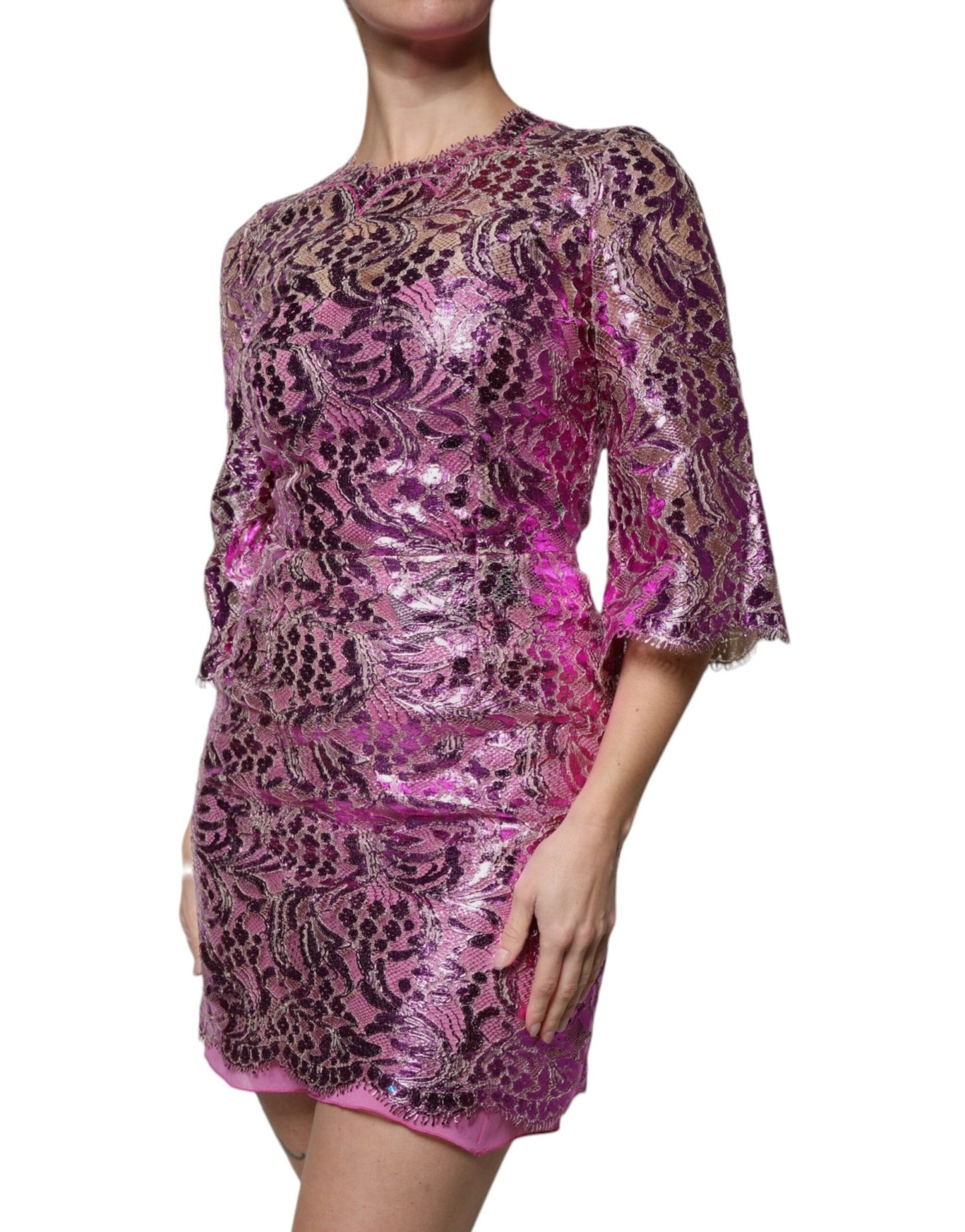 Dolce & Gabbana Metallic Fuchsia Floral Sheath Mini Dress - Sandy Store ByNet