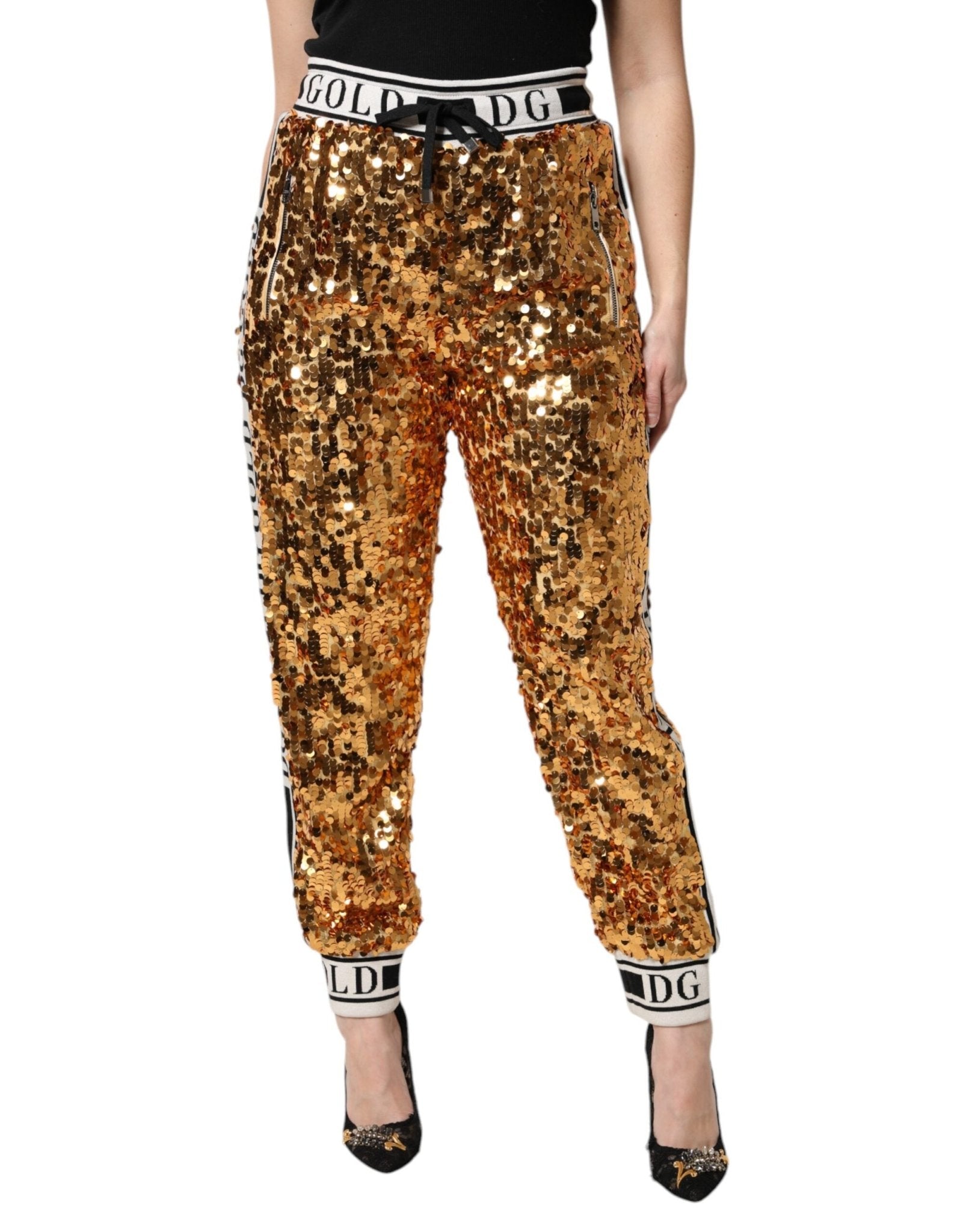 Dolce & Gabbana Metallic Gold DG Logo Sequined Jogger Pants - Sandy Store ByNet