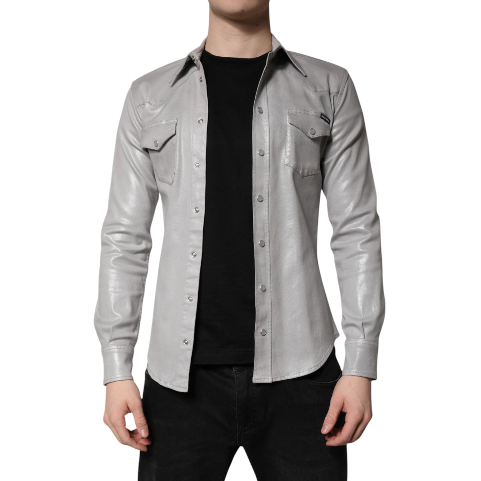 Dolce & Gabbana Metallic Gray Cotton Button Down Shirt - Sandy Store ByNet