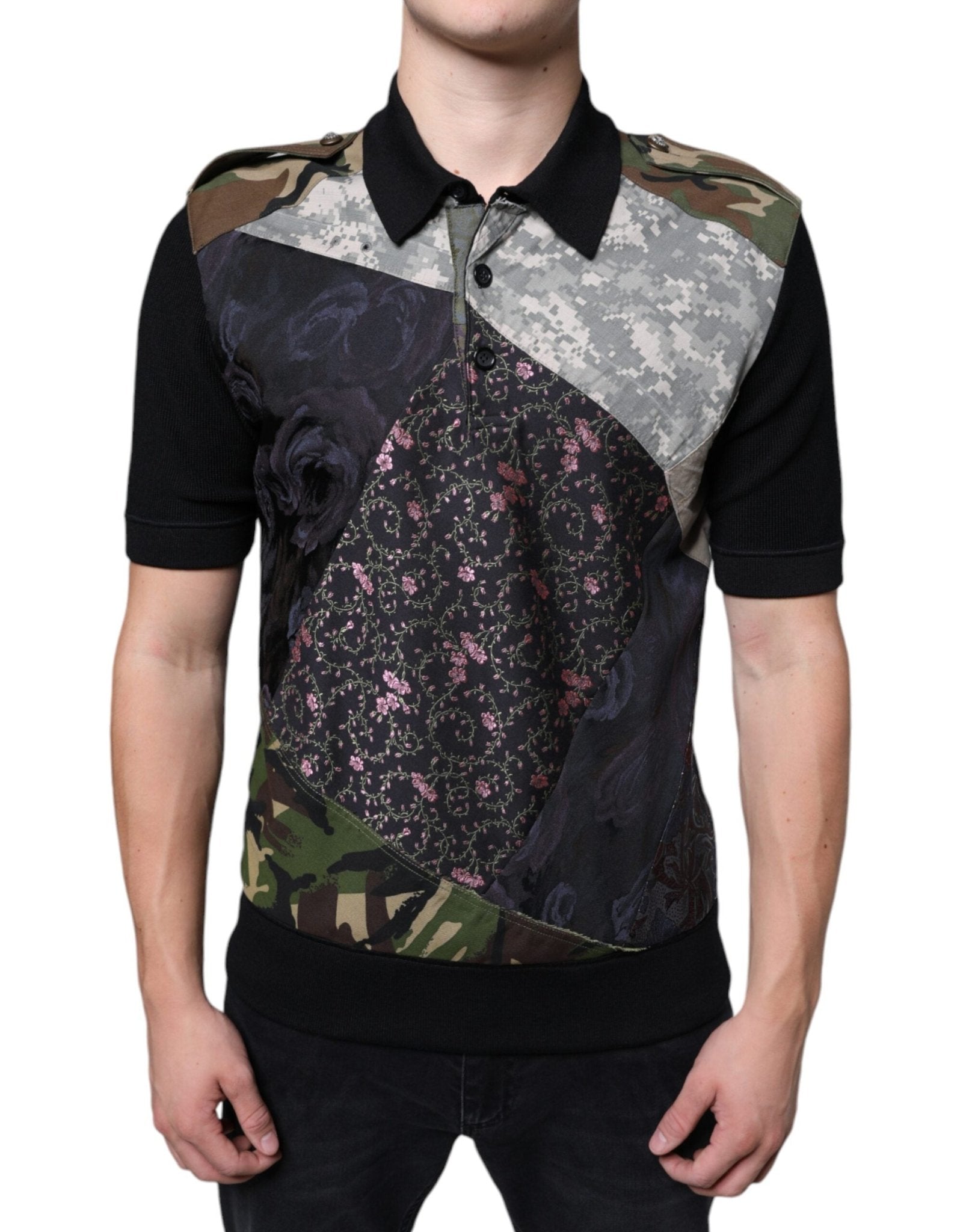 Dolce & Gabbana Multicolor Camouflage Patchwork Silk Polo T-shirt – IT48 | M par Dolce & Gabbana | Disponible sur Sandy Store ByNet
