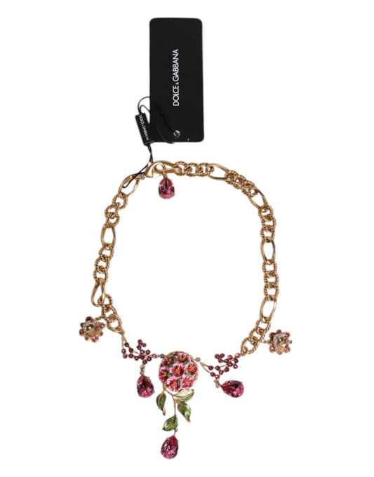 Dolce & Gabbana Multicolor Floral Decor Crystal Gold Brass Chain Necklace - Sandy Store ByNet