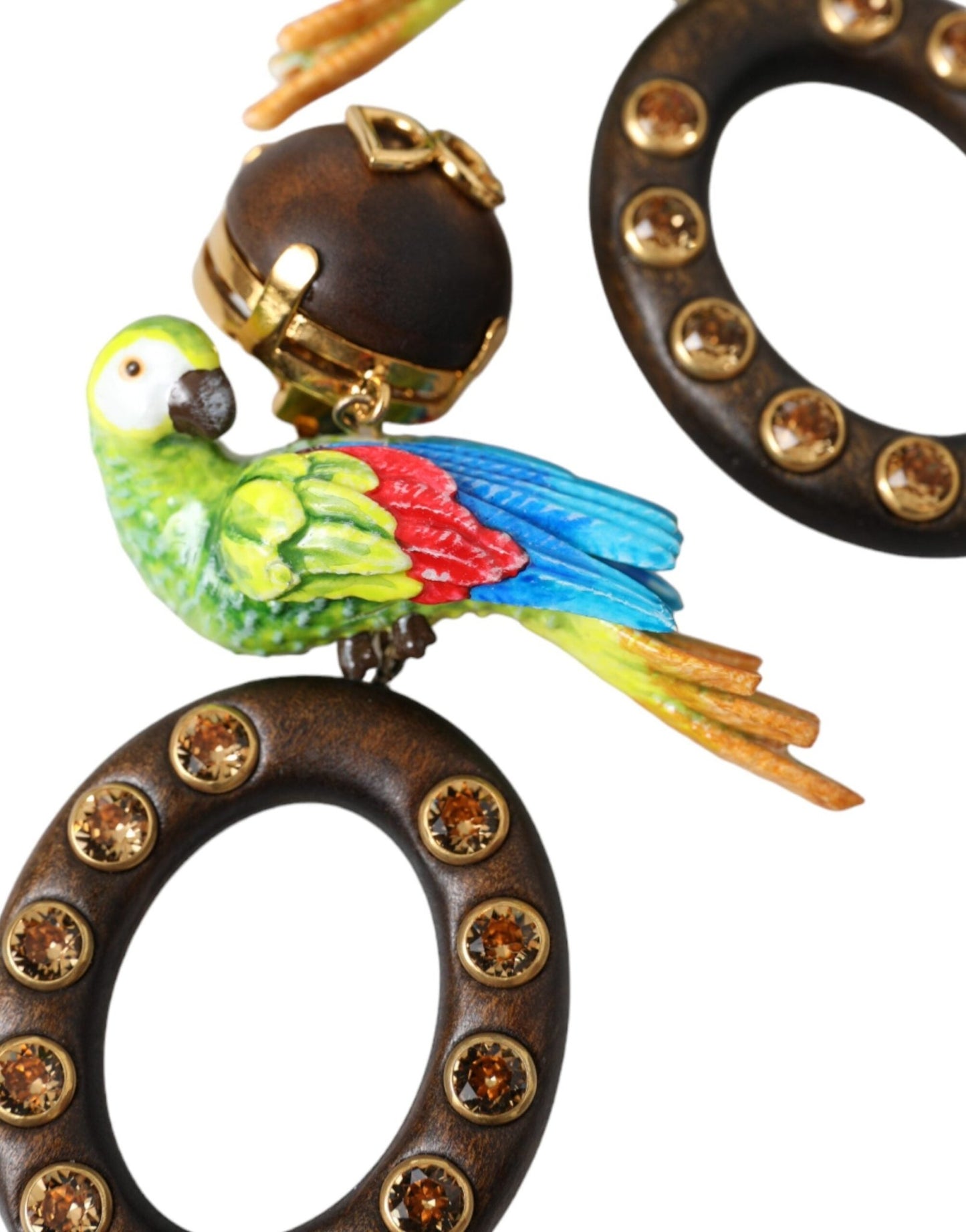 Dolce & Gabbana Multicolor Parrot Wood Brass Crystal Embellished Earrings - Sandy Store ByNet