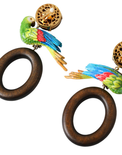 Dolce & Gabbana Multicolor Parrot Wood Brass Crystal Embellished Earrings - Sandy Store ByNet