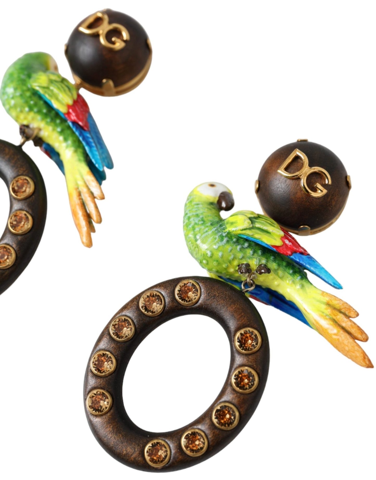 Dolce & Gabbana Multicolor Parrot Wood Brass Crystal Embellished Earrings - Sandy Store ByNet