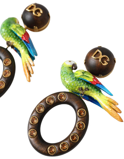 Dolce & Gabbana Multicolor Parrot Wood Brass Crystal Embellished Earrings - Sandy Store ByNet