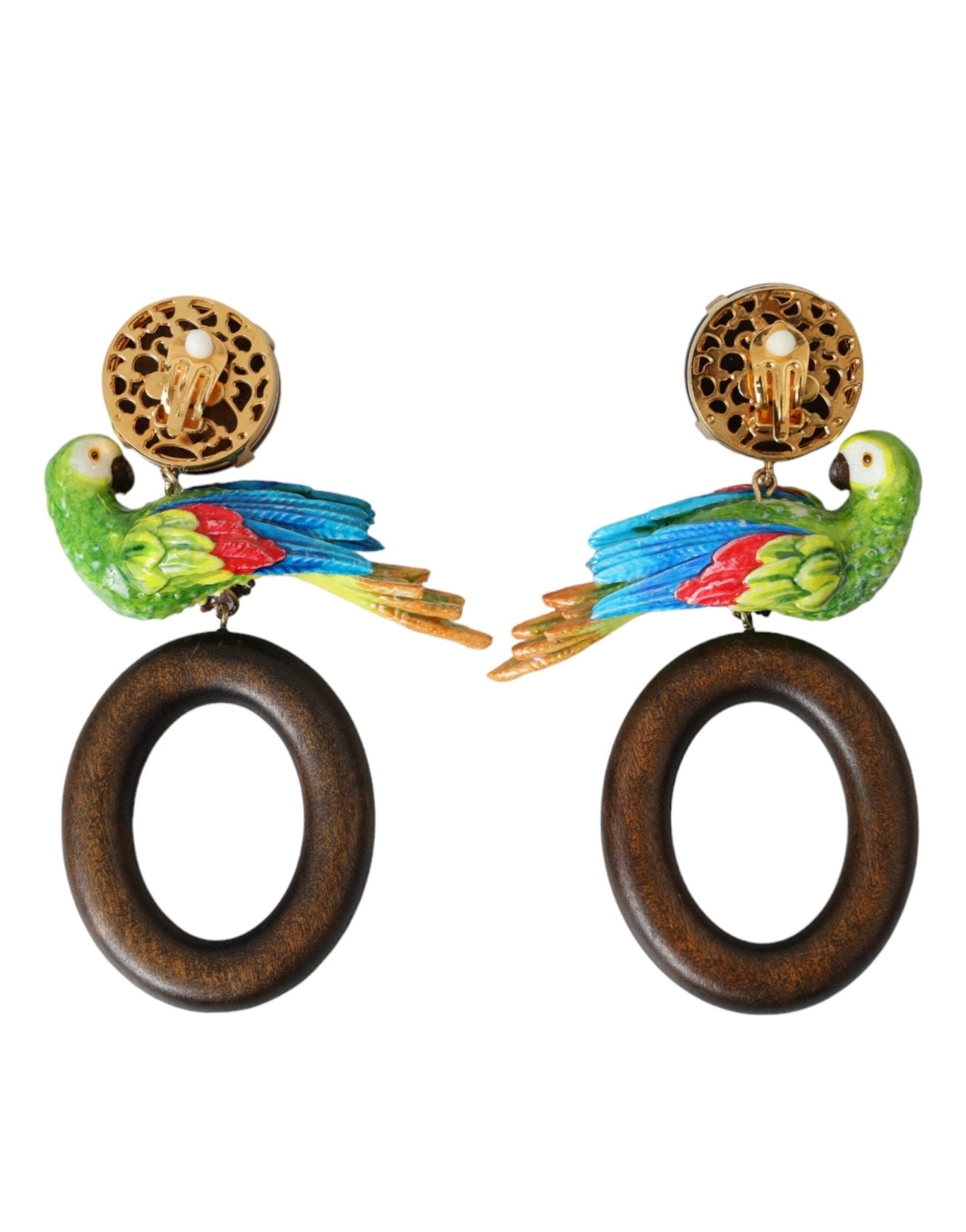 Dolce & Gabbana Multicolor Parrot Wood Brass Crystal Embellished Earrings - Sandy Store ByNet