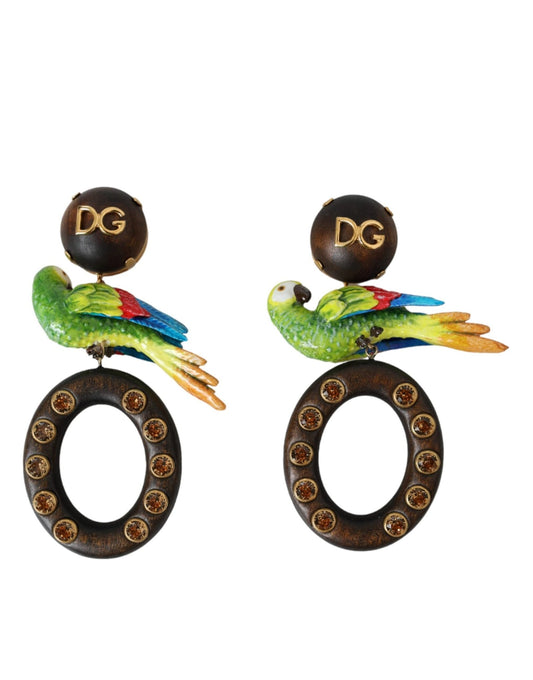 Dolce & Gabbana Multicolor Parrot Wood Brass Crystal Embellished Earrings - Sandy Store ByNet