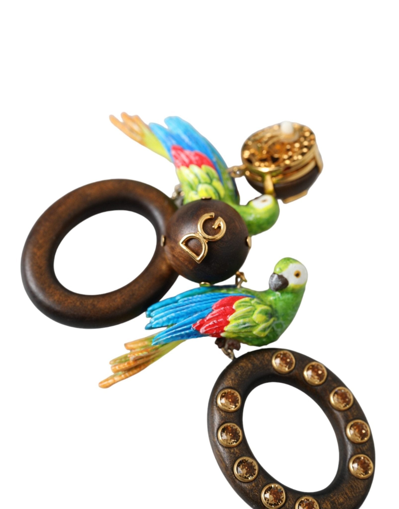 Dolce & Gabbana Multicolor Parrot Wood Brass Crystal Embellished Earrings - Sandy Store ByNet