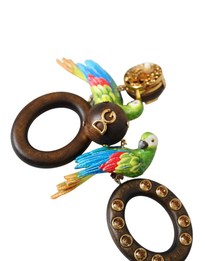 Dolce & Gabbana Multicolor Parrot Wood Brass Crystal Embellished Earrings - Sandy Store ByNet