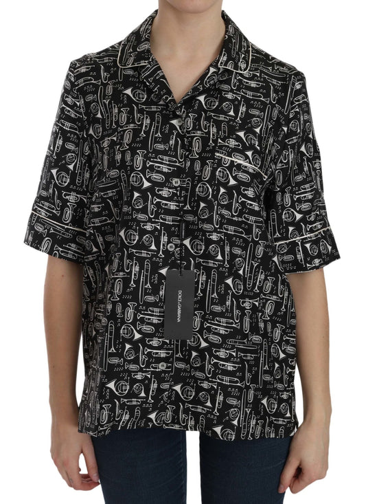 Dolce & Gabbana Musical Instrument Silk Collared Top - Sandy Store ByNet