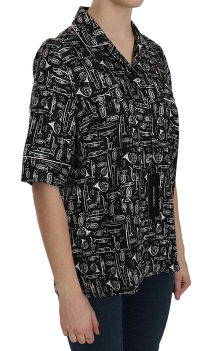 Dolce & Gabbana Musical Instrument Silk Collared Top - Sandy Store ByNet