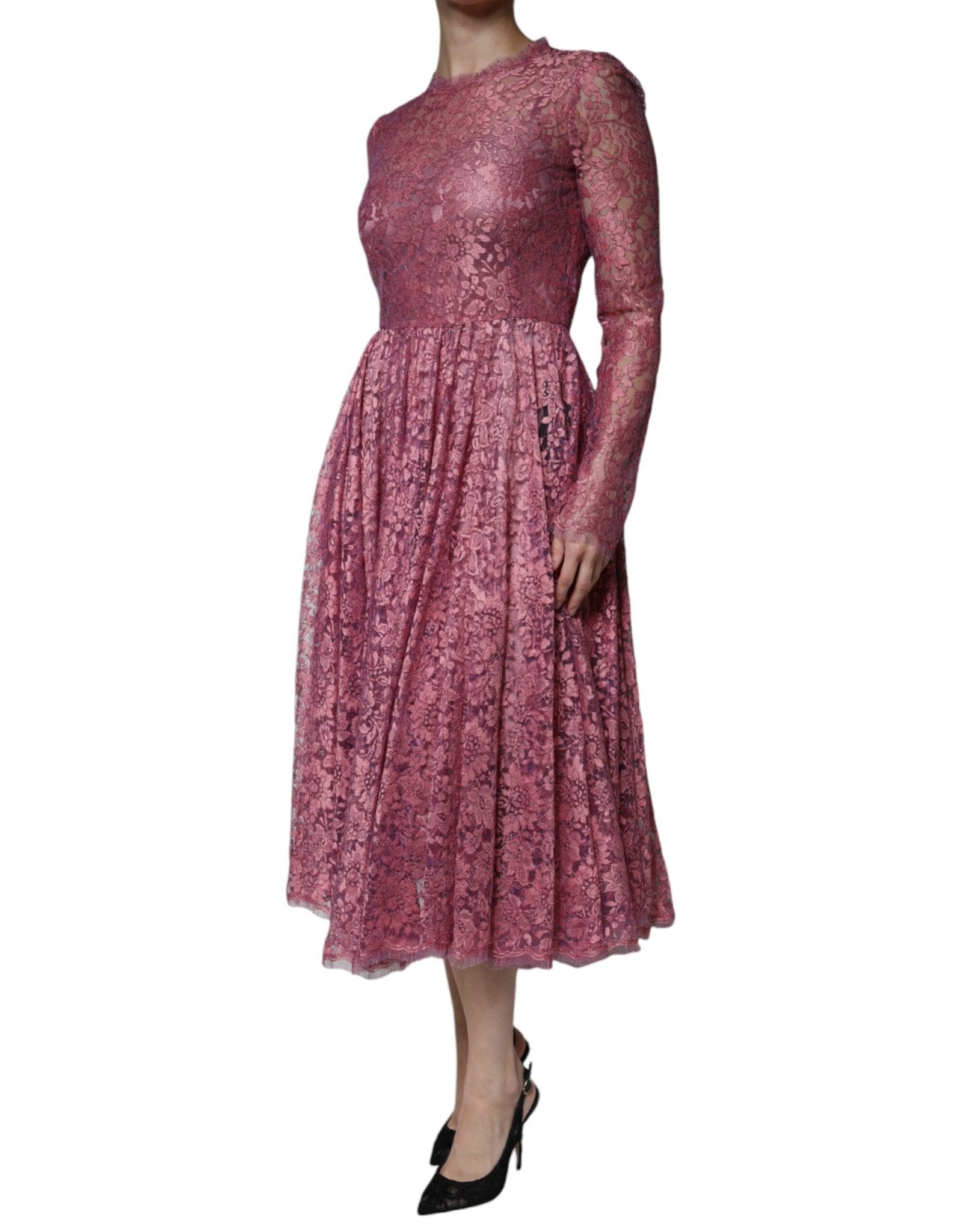 Dolce & Gabbana Pink Floral Lace Long Sleeve Midi Dress – IT36|XXS par Dolce & Gabbana | Disponible sur Sandy Store ByNet