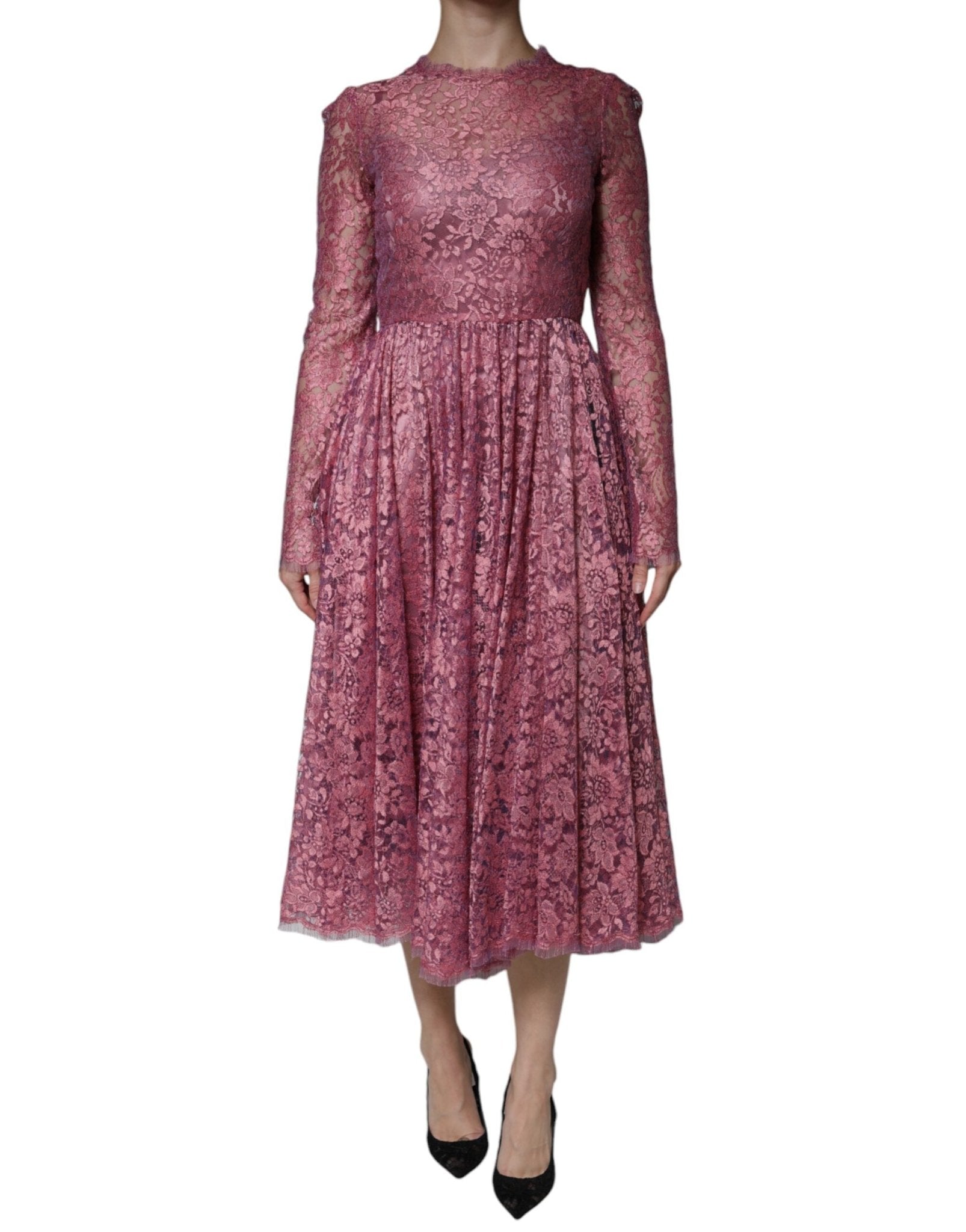 Dolce & Gabbana Pink Floral Lace Long Sleeve Midi Dress – IT36|XXS par Dolce & Gabbana | Disponible sur Sandy Store ByNet