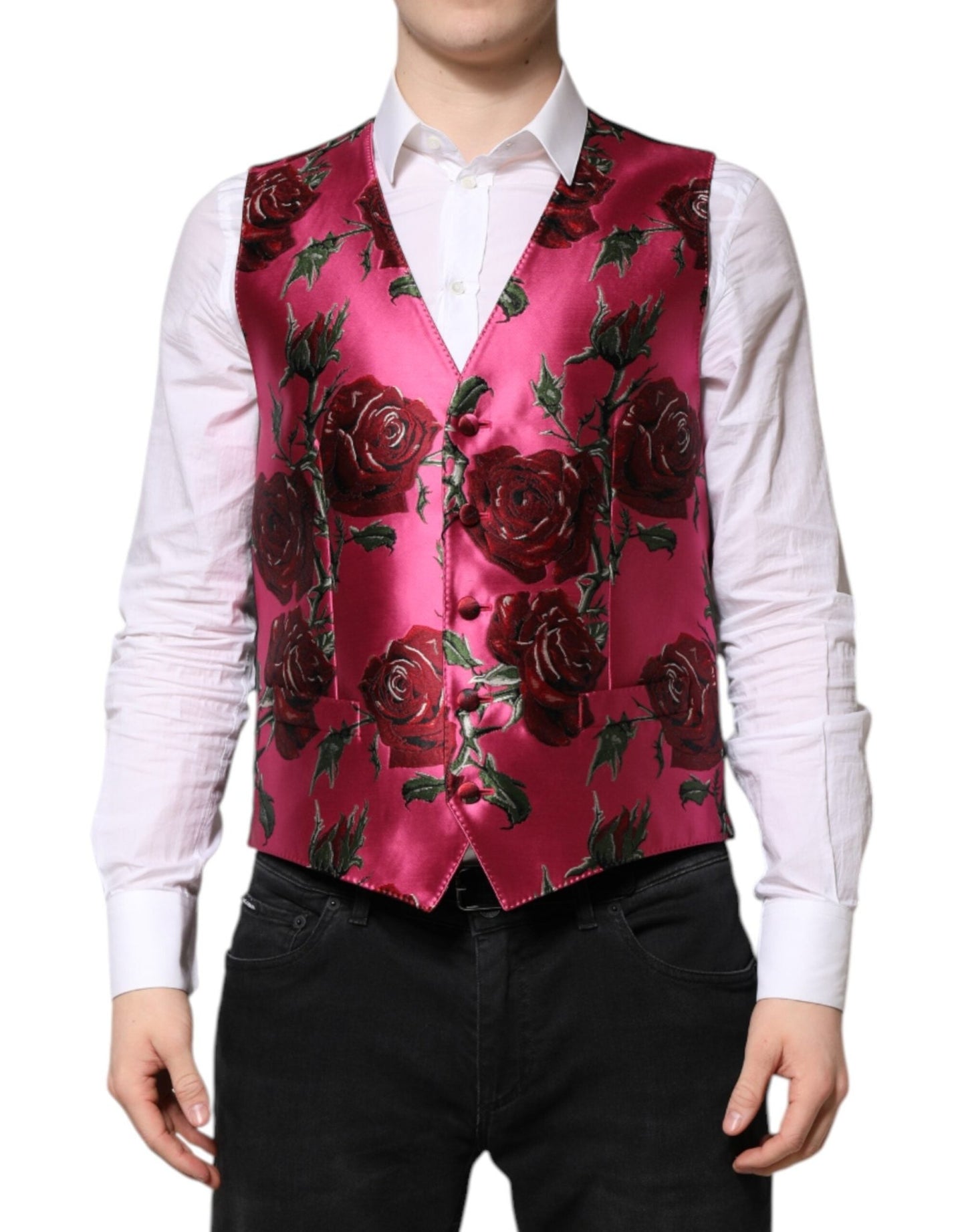 Dolce & Gabbana Pink Floral Satin Formal Men Waistcoat Vest – IT50 | L par Dolce & Gabbana | Disponible sur Sandy Store ByNet