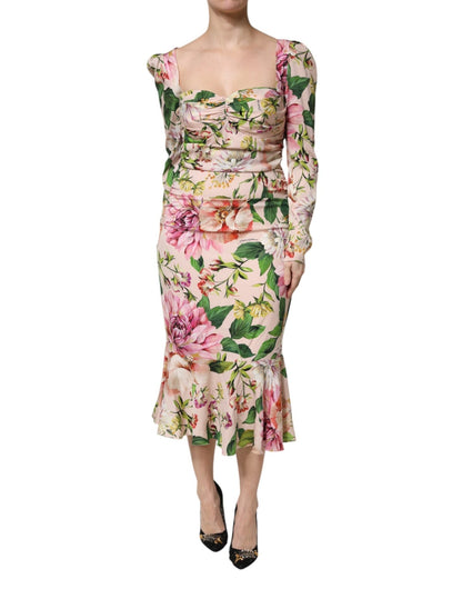 Dolce & Gabbana Pink Floral Silk Fit And Flared Midi Dress – IT46|XL par Dolce & Gabbana | Disponible sur Sandy Store ByNet