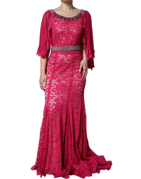 Dolce & Gabbana Pink Lace Crystal Sheath Long Gown Dress - Sandy Store ByNet