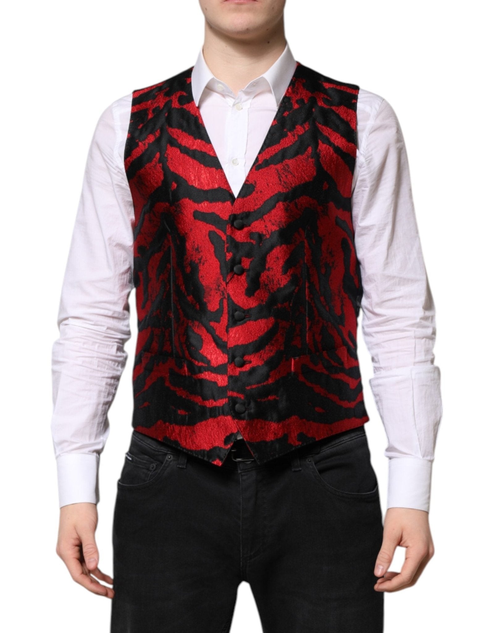 Dolce & Gabbana Red Black Stripe Dress Formal Waistcoat Vest – IT48 | M par Dolce & Gabbana | Disponible sur Sandy Store ByNet