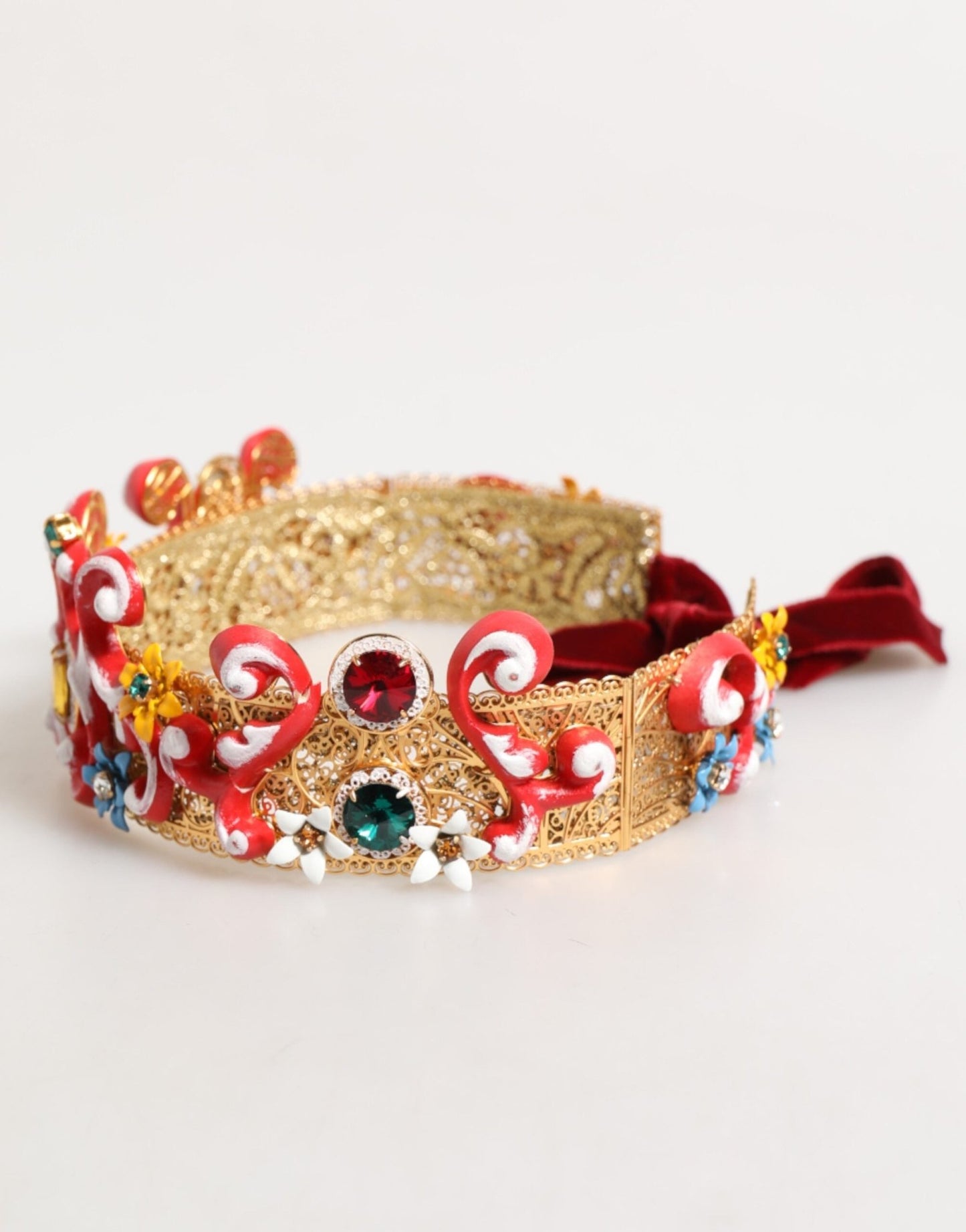 Dolce & Gabbana Red Carretto Multicolor Crystal Gold Tiara Crow Headband – par Dolce & Gabbana | Disponible sur Sandy Store ByNet