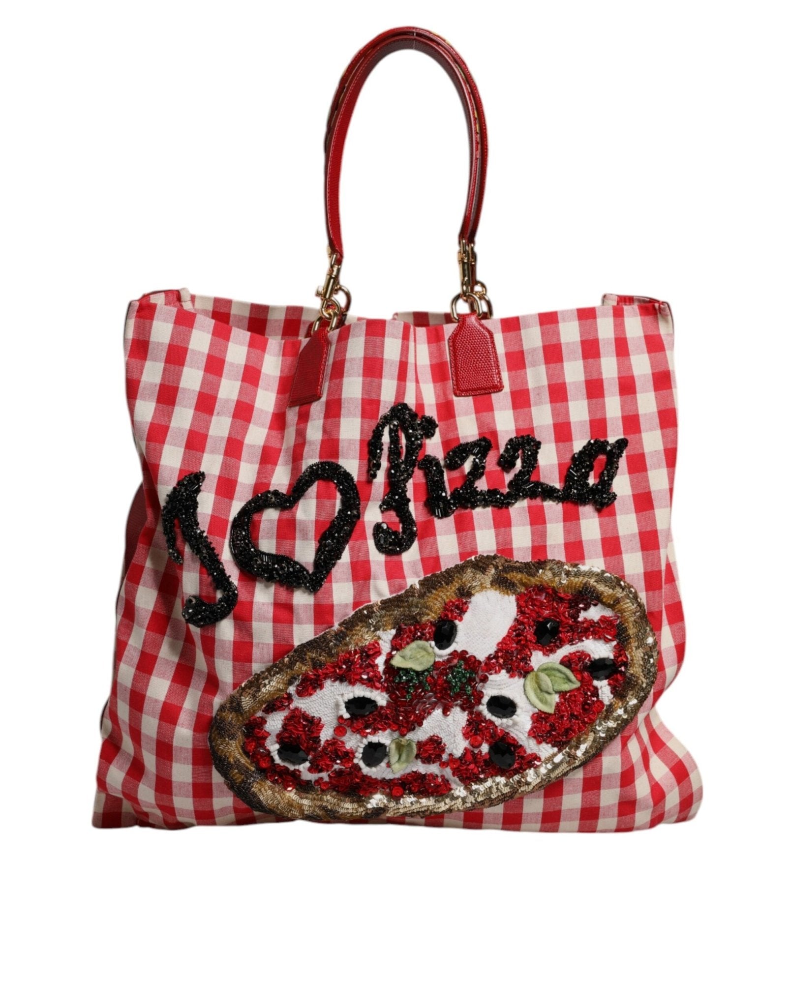 Dolce & Gabbana Red Checkered Embellished Shopping Tote Cotton Bag - Sandy Store ByNet