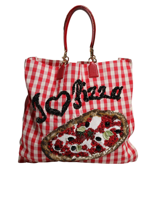 Dolce & Gabbana Red Checkered Embellished Shopping Tote Cotton Bag - Sandy Store ByNet