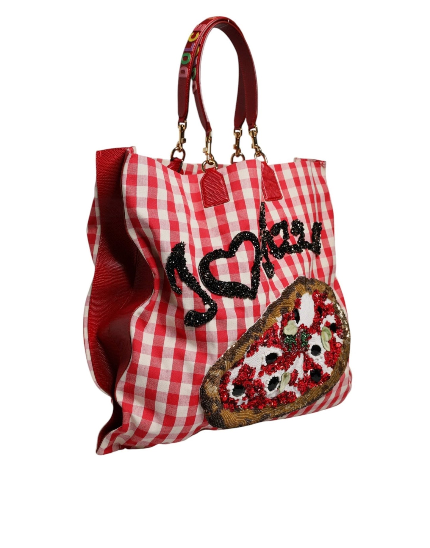 Dolce & Gabbana Red Checkered Embellished Shopping Tote Cotton Bag - Sandy Store ByNet
