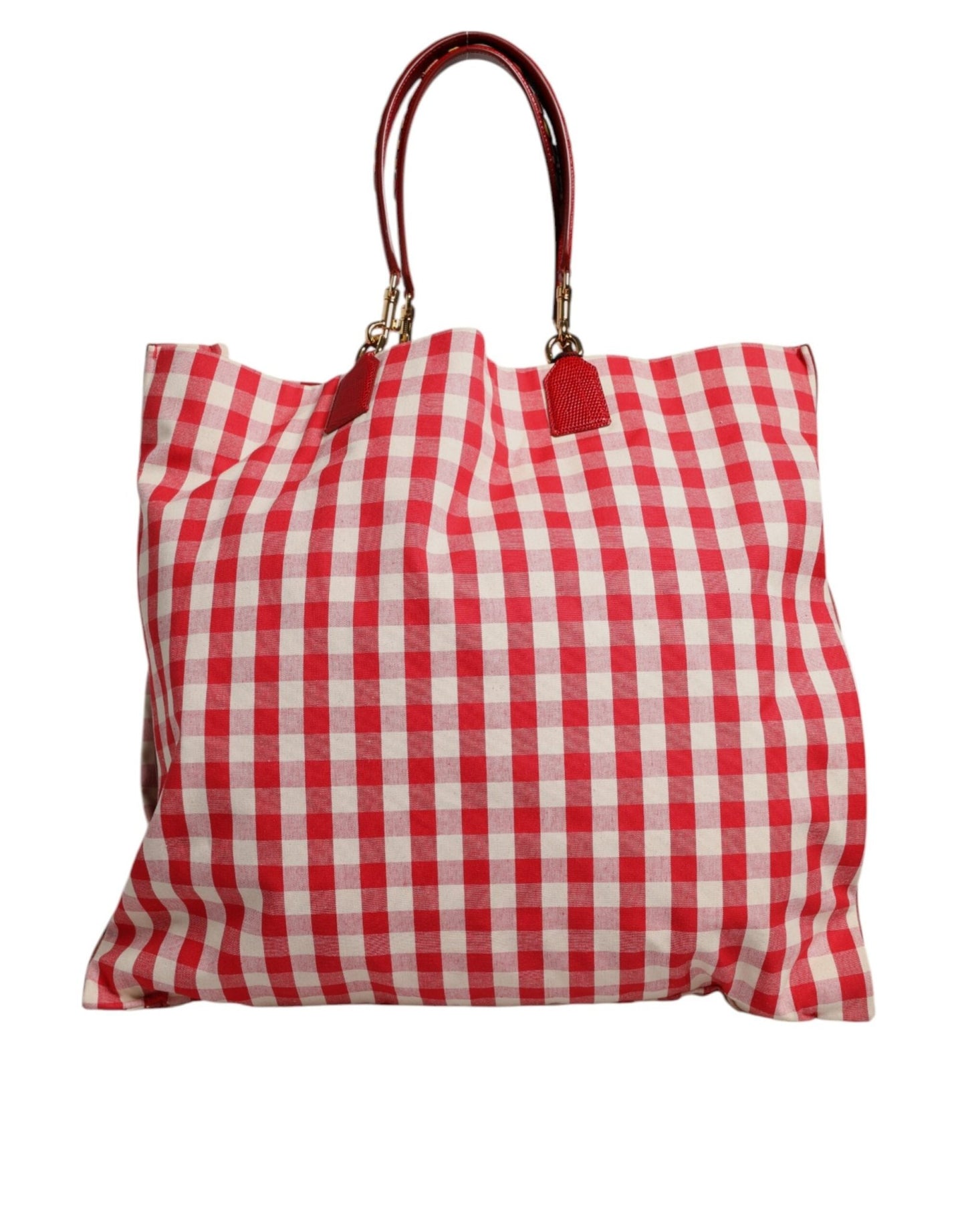 Dolce & Gabbana Red Checkered Embellished Shopping Tote Cotton Bag - Sandy Store ByNet