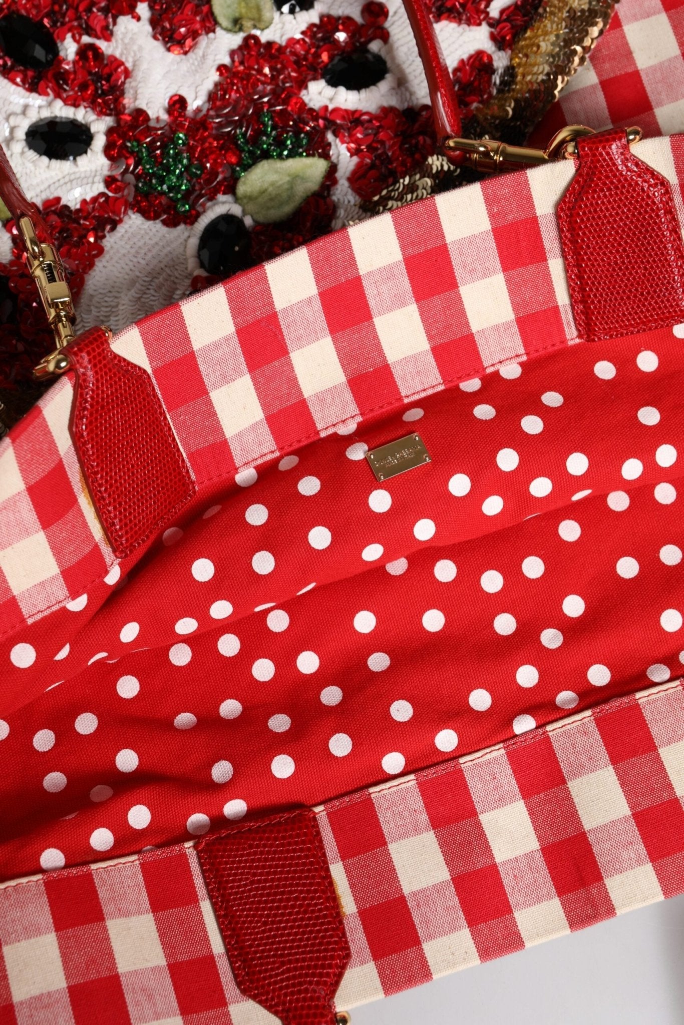 Dolce & Gabbana Red Checkered Embellished Shopping Tote Cotton Bag - Sandy Store ByNet