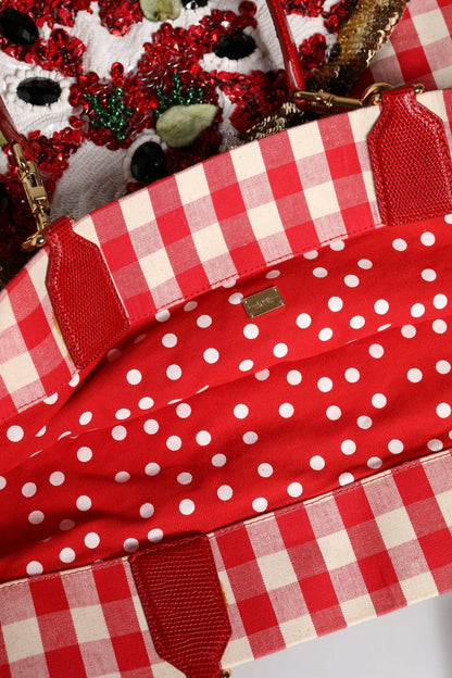 Dolce & Gabbana Red Checkered Embellished Shopping Tote Cotton Bag - Sandy Store ByNet