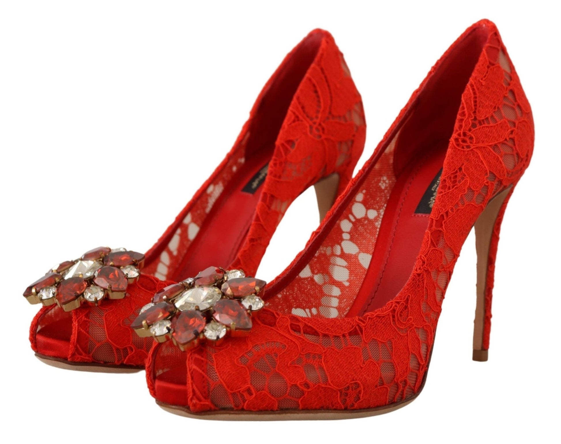 Dolce & Gabbana Red Crystal Taormina Lace Heels Pumps - Sandy Store ByNet