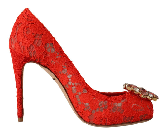 Dolce & Gabbana Red Crystal Taormina Lace Heels Pumps - Sandy Store ByNet