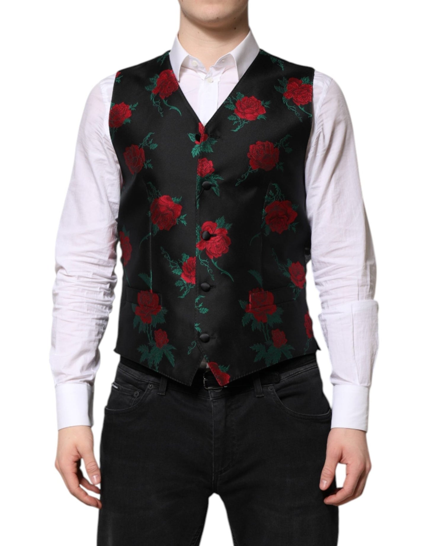Dolce & Gabbana Red Floral Brocade Formal Men Waistcoat Vest – IT48 | M par Dolce & Gabbana | Disponible sur Sandy Store ByNet