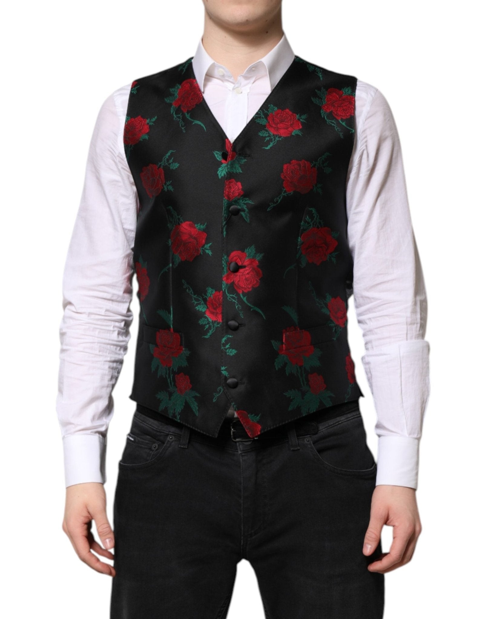 Dolce & Gabbana Red Floral Brocade Formal Men Waistcoat Vest – IT48 | M par Dolce & Gabbana | Disponible sur Sandy Store ByNet