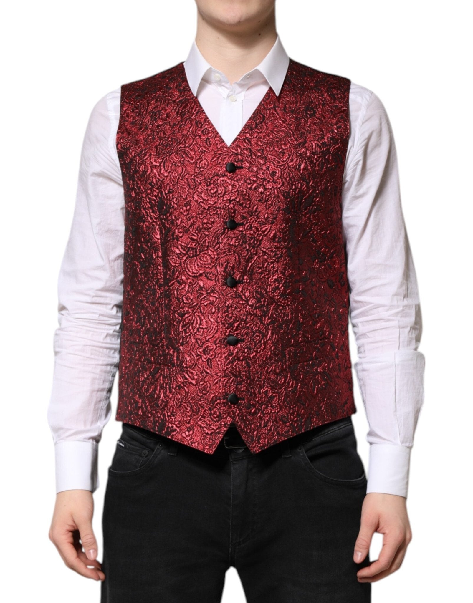 Dolce & Gabbana Red Floral Brocade Formal Men Waistcoat Vest – IT50 | L par Dolce & Gabbana | Disponible sur Sandy Store ByNet