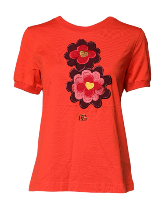 Dolce & Gabbana Red Floral Embroidery Cotton Crew Neck T-shirt - Sandy Store ByNet