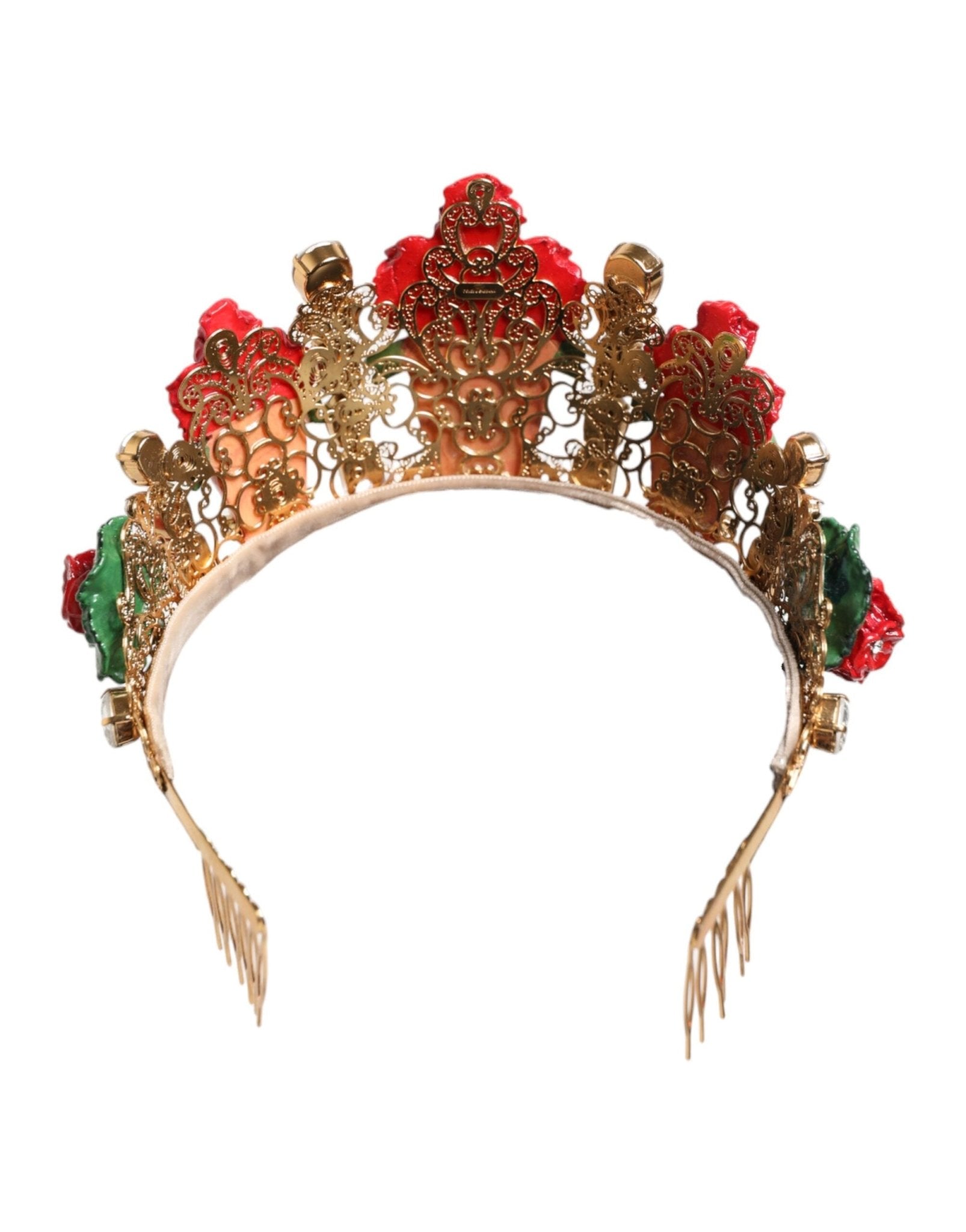 Dolce & Gabbana Red Floral Flowerpot Crystal Gold Crown Tiara Headband – par Dolce & Gabbana | Disponible sur Sandy Store ByNet