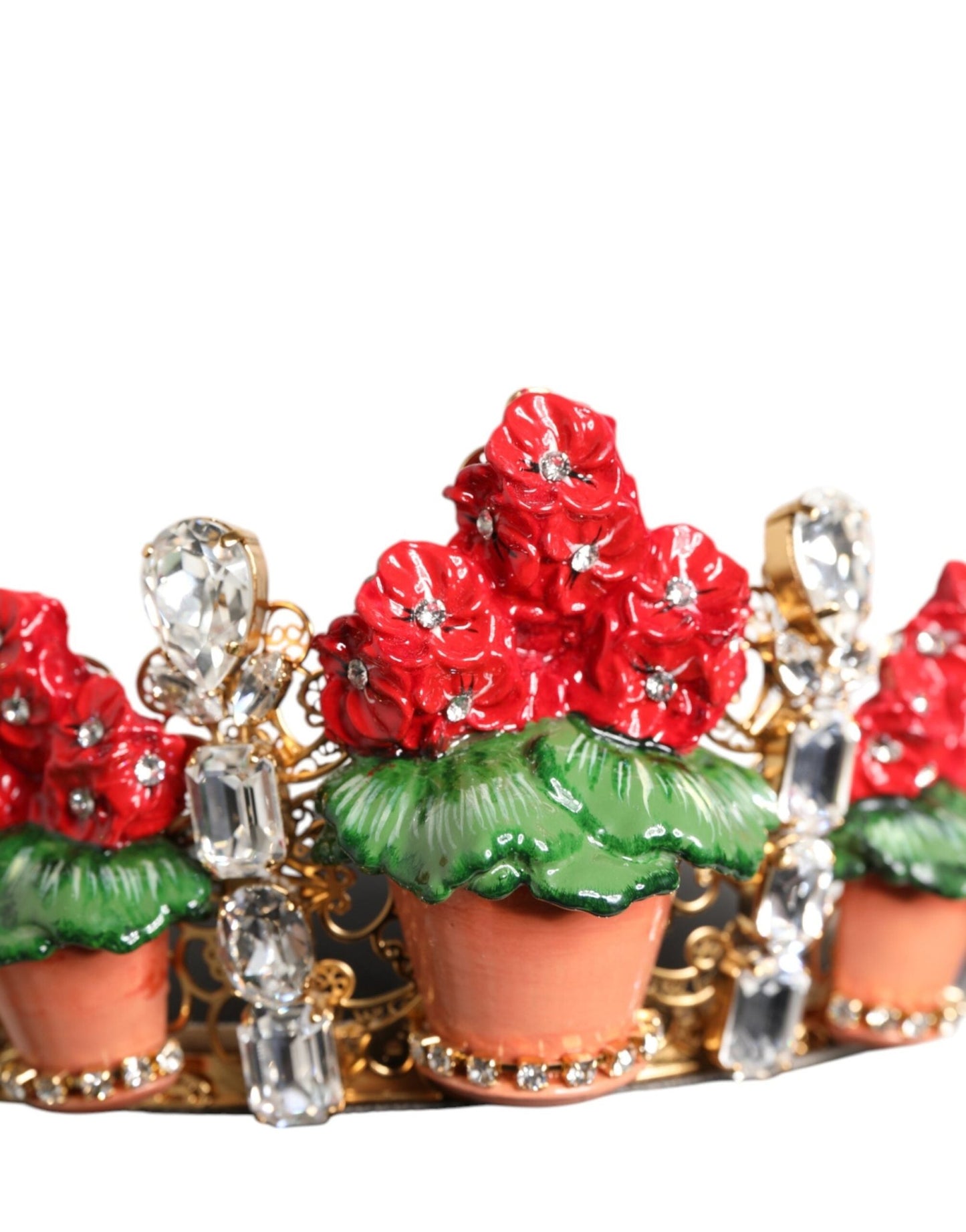 Dolce & Gabbana Red Floral Flowerpot Crystal Gold Crown Tiara Headband – par Dolce & Gabbana | Disponible sur Sandy Store ByNet