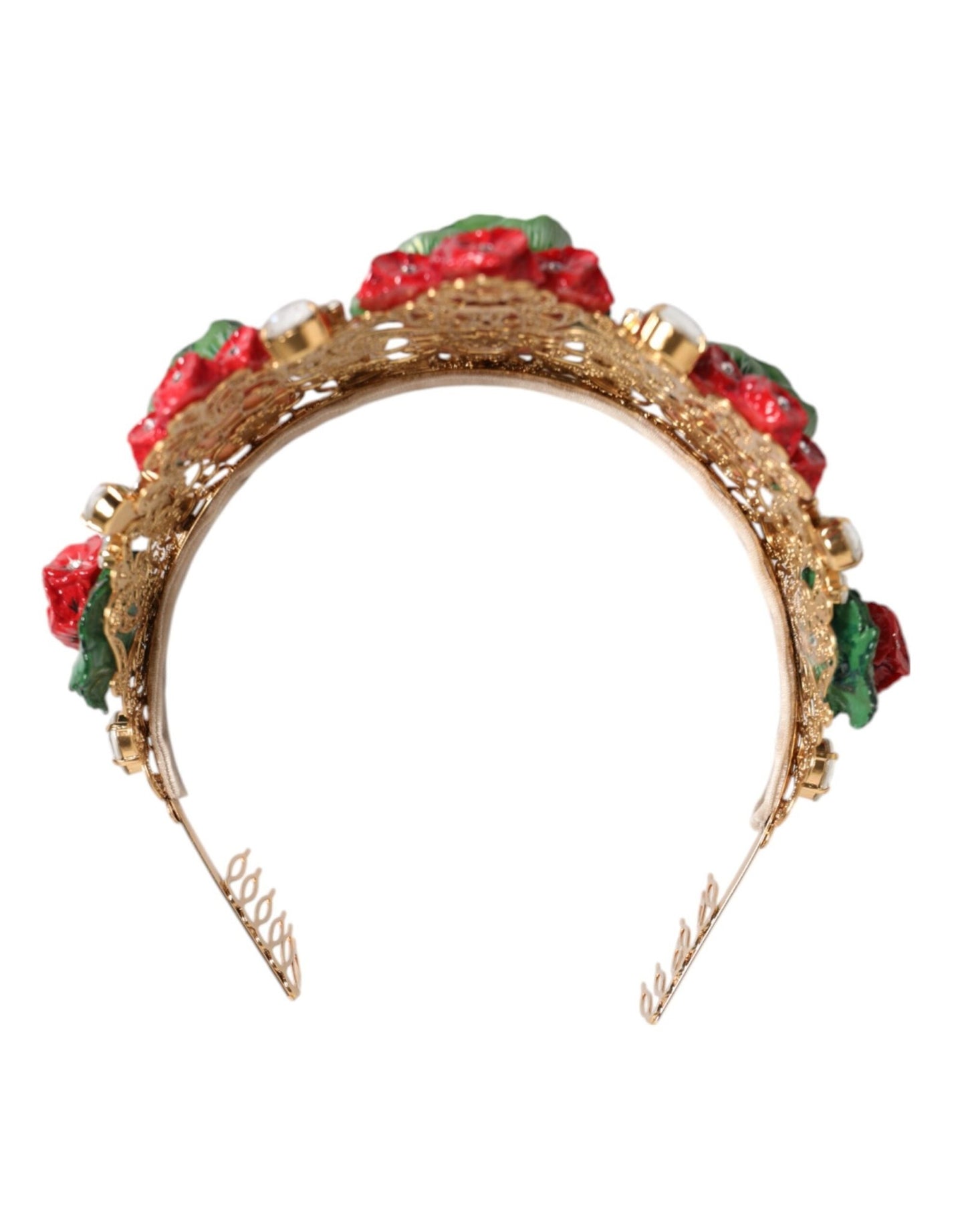 Dolce & Gabbana Red Floral Flowerpot Crystal Gold Crown Tiara Headband – par Dolce & Gabbana | Disponible sur Sandy Store ByNet
