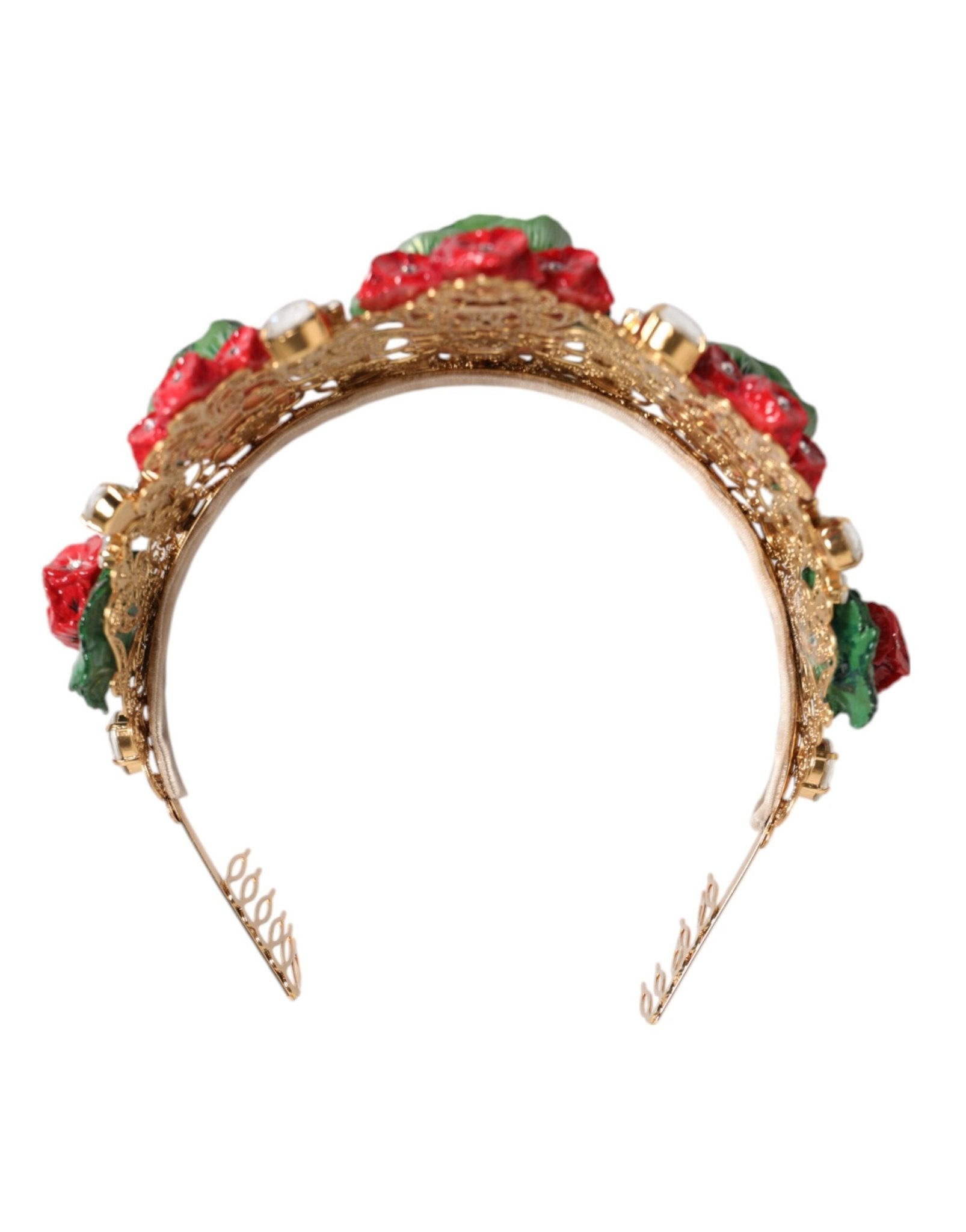Dolce & Gabbana Red Floral Flowerpot Crystal Gold Crown Tiara Headband – par Dolce & Gabbana | Disponible sur Sandy Store ByNet