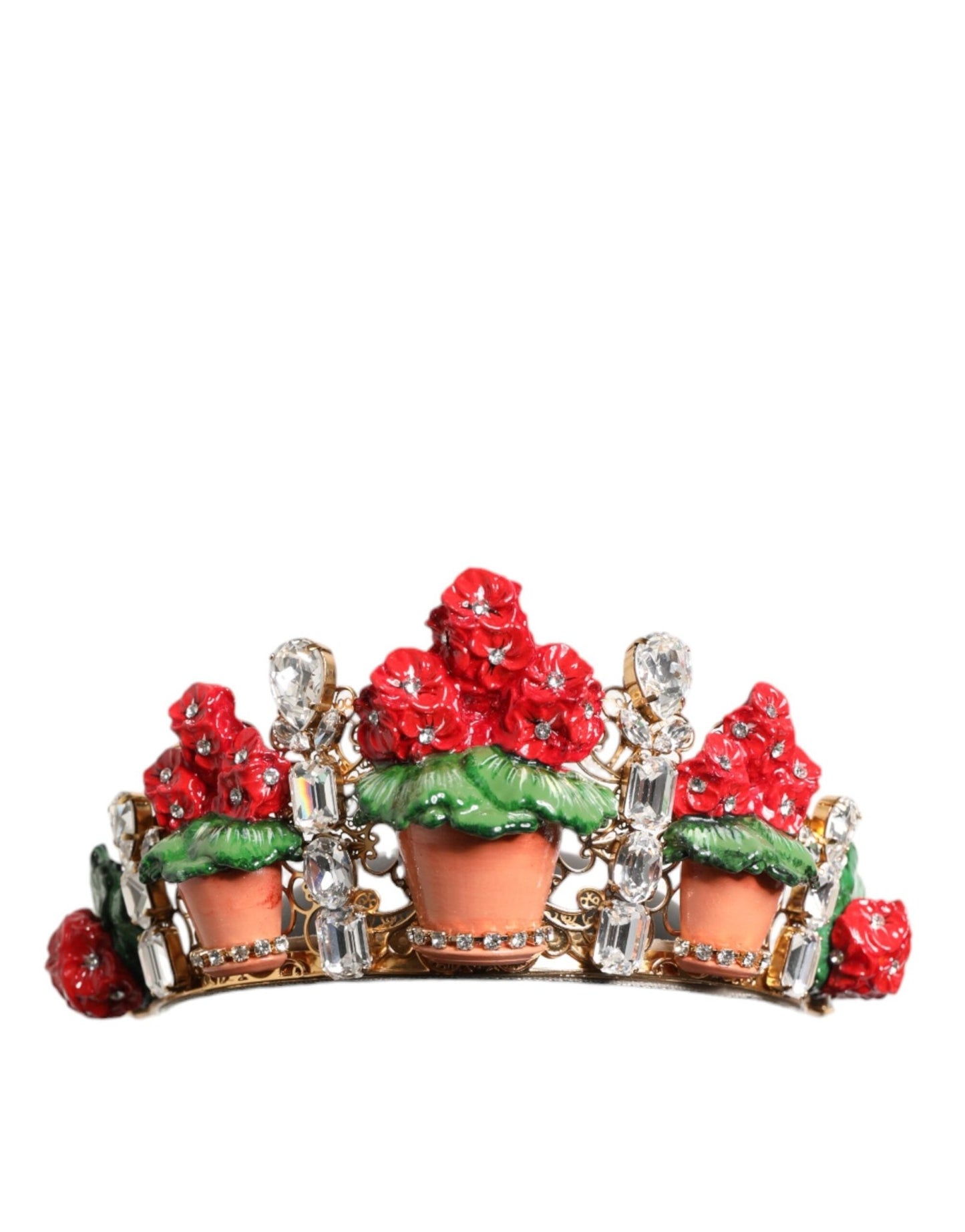 Dolce & Gabbana Red Floral Flowerpot Crystal Gold Crown Tiara Headband – par Dolce & Gabbana | Disponible sur Sandy Store ByNet