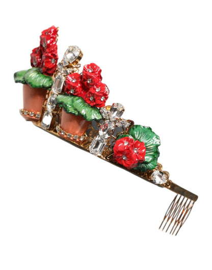 Dolce & Gabbana Red Floral Flowerpot Crystal Gold Crown Tiara Headband – par Dolce & Gabbana | Disponible sur Sandy Store ByNet
