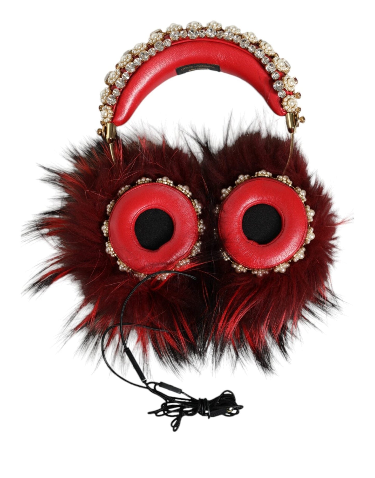 Dolce & Gabbana Red Gold Crystal Fur Headset Audio AUX Headphones - Sandy Store ByNet