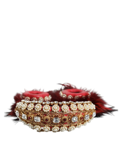 Dolce & Gabbana Red Gold Crystal Fur Headset Audio AUX Headphones - Sandy Store ByNet