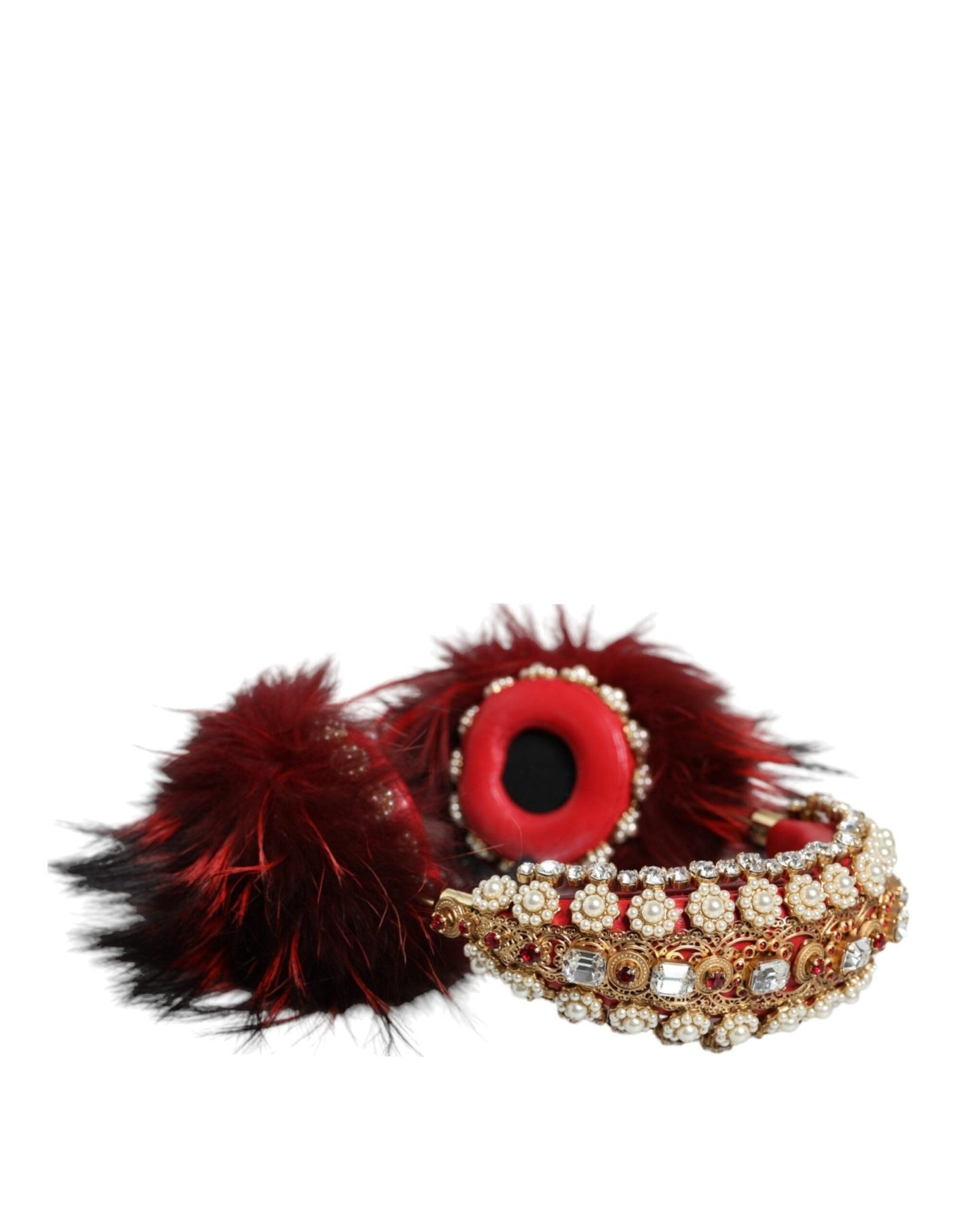 Dolce & Gabbana Red Gold Crystal Fur Headset Audio AUX Headphones - Sandy Store ByNet