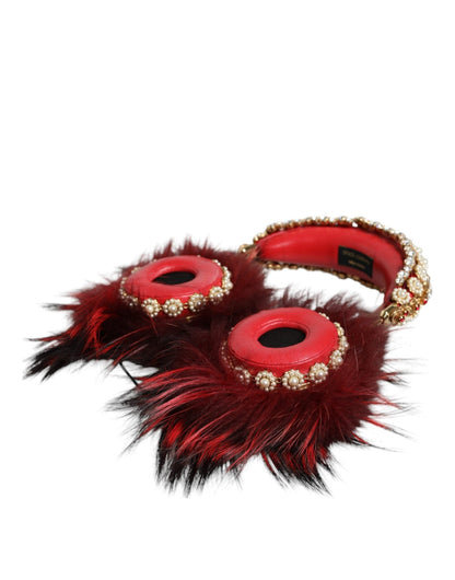 Dolce & Gabbana Red Gold Crystal Fur Headset Audio AUX Headphones - Sandy Store ByNet