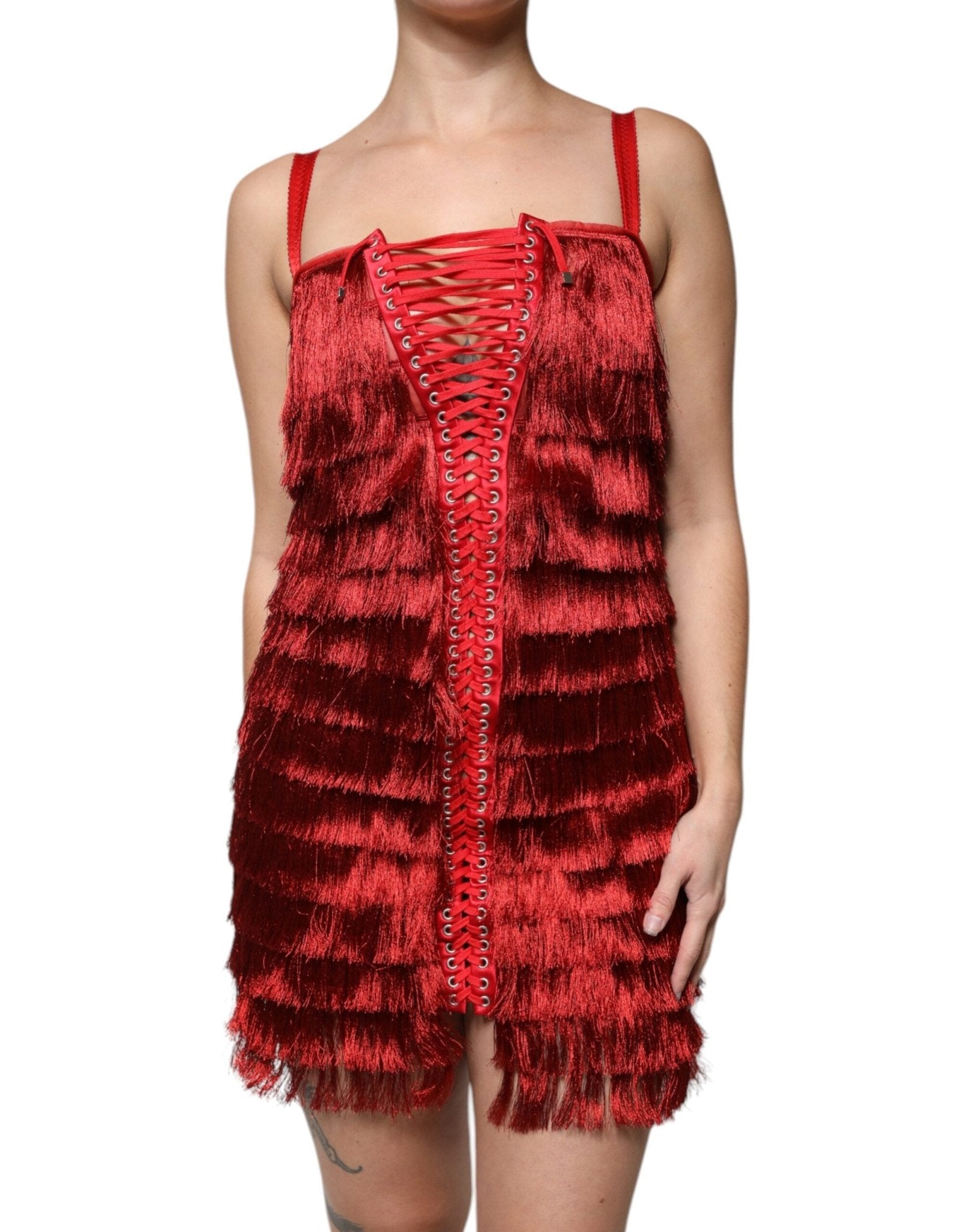 Dolce & Gabbana Red Lace Tassel Sleeveless Sheath Mini Dress - Sandy Store ByNet