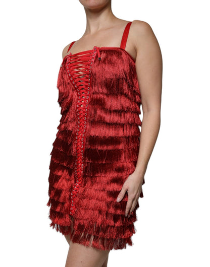 Dolce & Gabbana Red Lace Tassel Sleeveless Sheath Mini Dress - Sandy Store ByNet