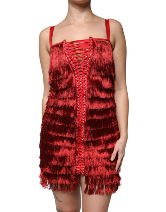 Dolce & Gabbana Red Lace Tassel Sleeveless Sheath Mini Dress - Sandy Store ByNet